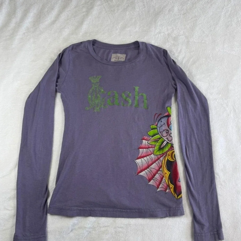 Rare grail Christian Audigier‎ Ed Hardy purple cash graphic top y2k vintage